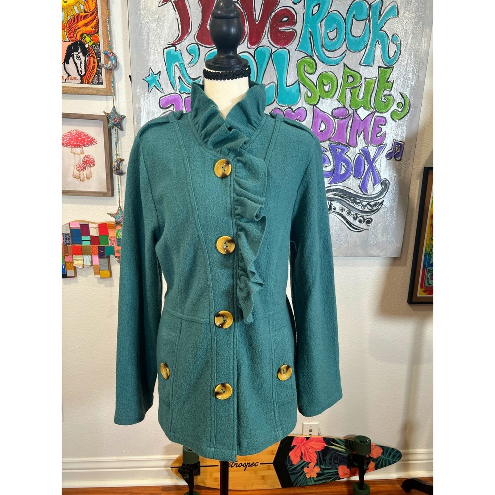 Luii Anthropologie Teal 100% Wool Ruffle Coat XL Romantic Cottagecore